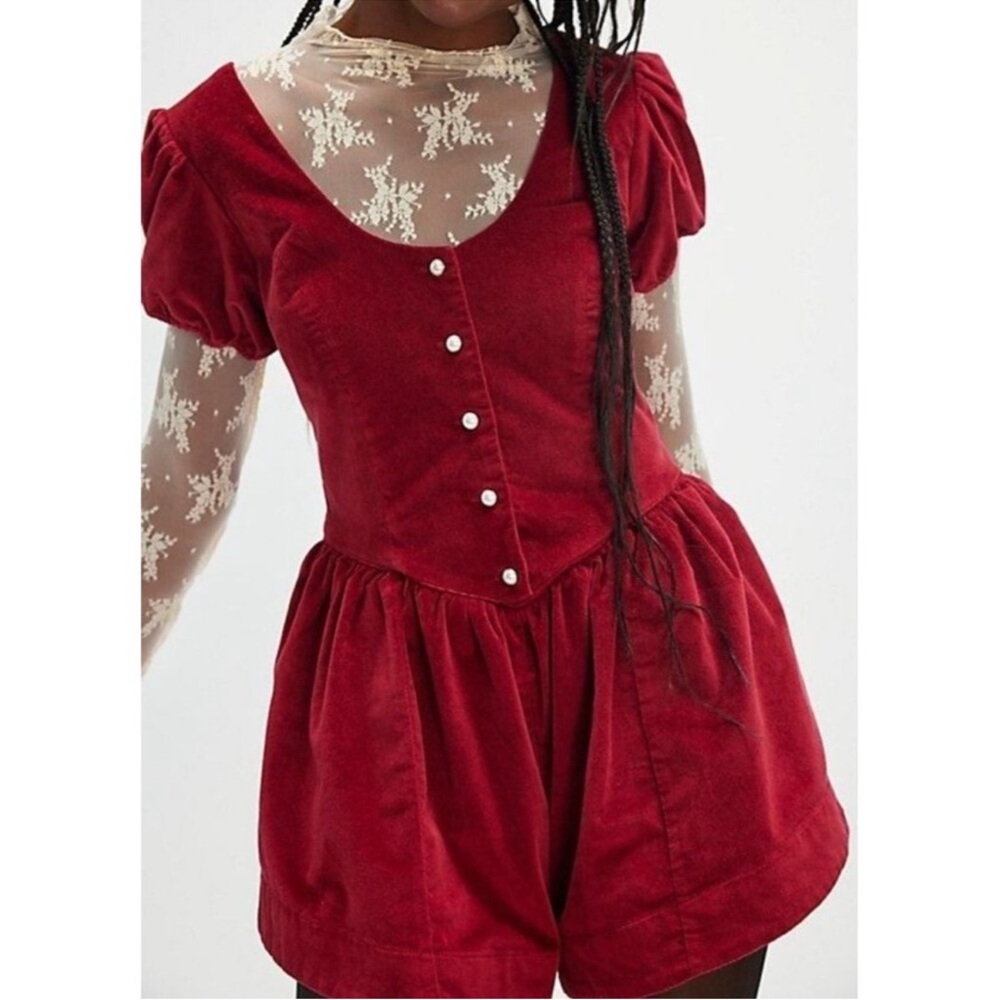 Free People Silver Bells Velvet Romper Crimson Red Small Brand new